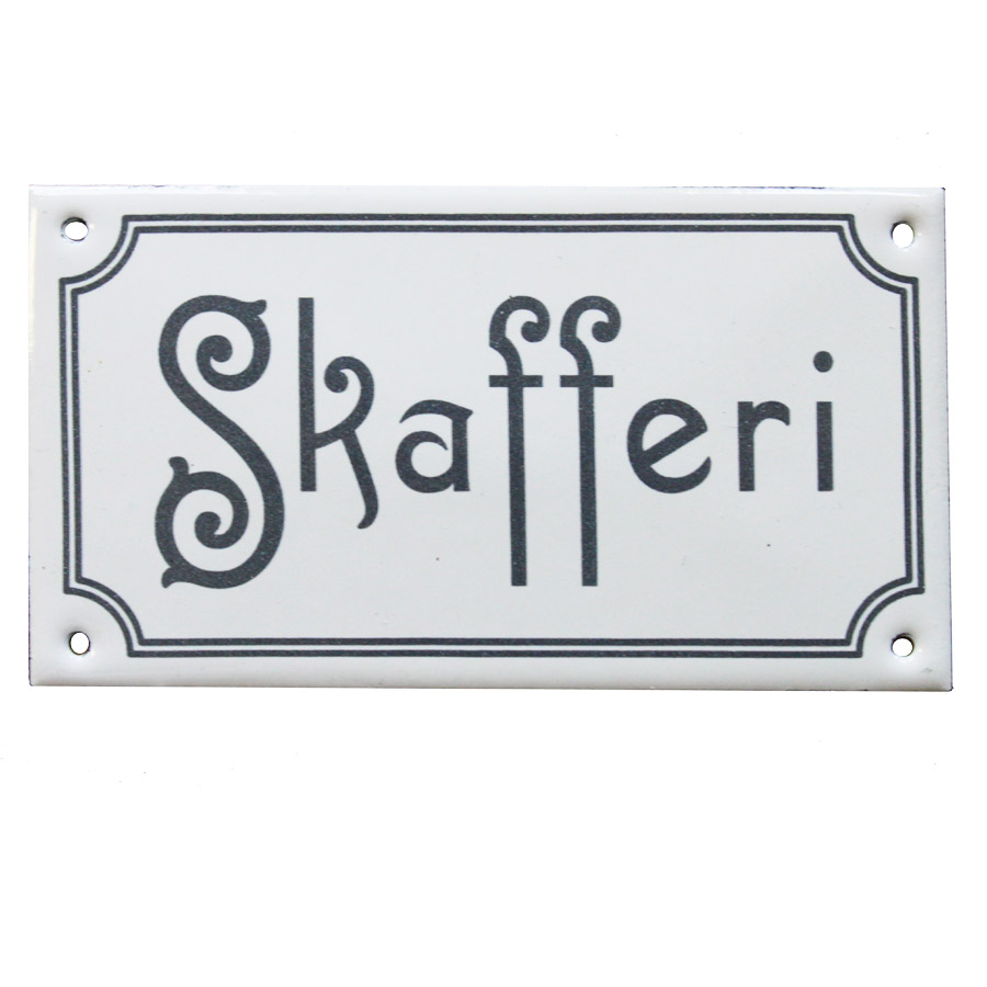 Skafferi (emaljskylt i svart och vitt, egen produktion)
